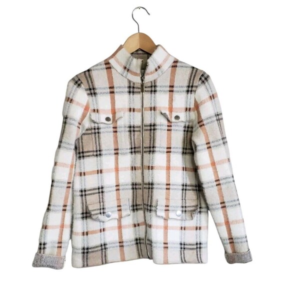 Rachel Zoe Knit Fuzzy Shacket Women's Medium Full Zip Tan Plaid  Soft Pockets - Picture 1 of 9